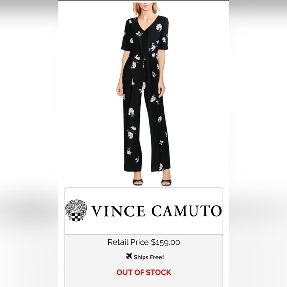 Vince Camuto Tossed Flowers Black White Floral printed Elbow Sleeve Jumpsuit 14 - Picture 3 of 15
